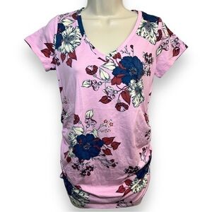 MOTHERHOOD Maternity Pink Floral Side Ruched V-neck Tee Size Small